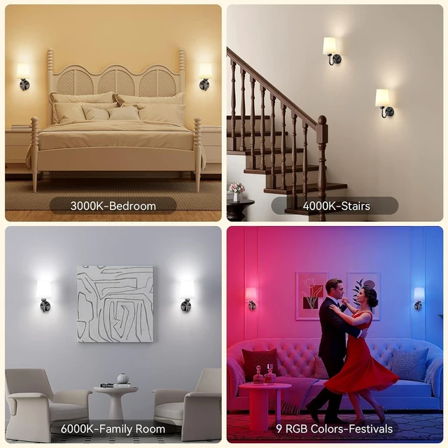 Alt view image 7 of 7 - Ouyulong Battery Operated Wall Sconces Set of 2, Wireless Rechargeable Dimmable Wall Light with RGB Bulb and Remote for Bedroom, Living Room, Hallway (Black)