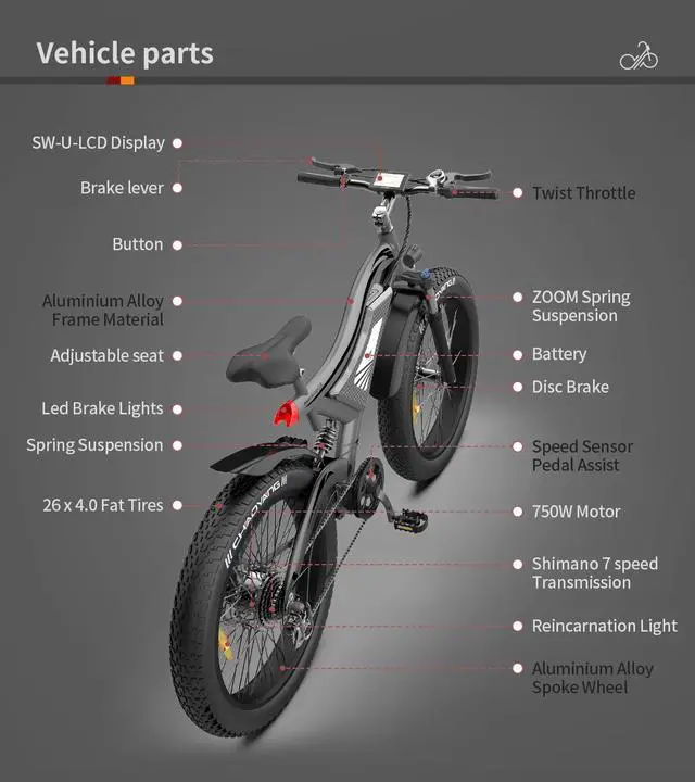 Alt view image 3 of 5 - AOSTIRMOTOR S18 Electric Mountain Bike with 750W Brushless Motor, 26" * 4" Fat Tire, 48V 15AH Removable Battery, Shimano 7 Speed, 3 Riding Modes, LCD Display w/Rear Rack