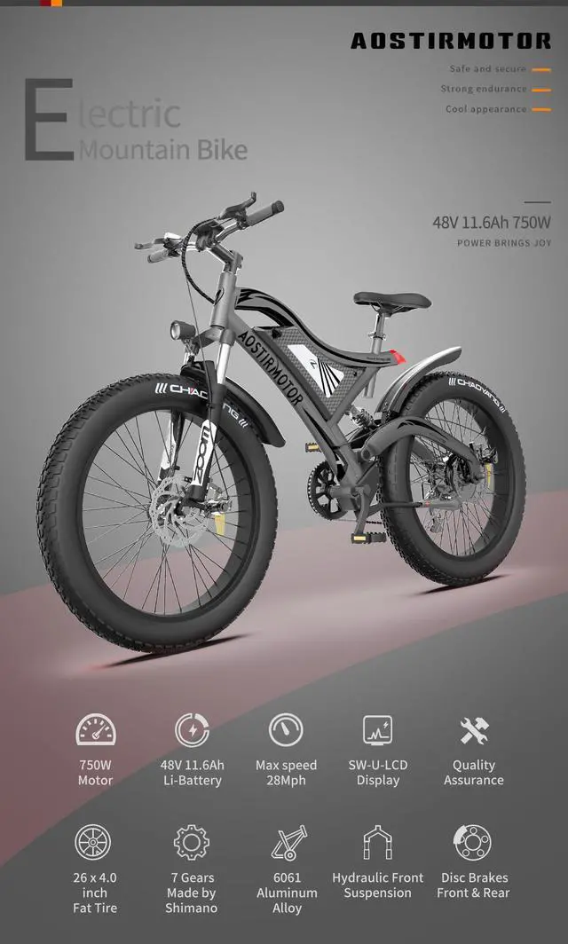 Alt view image 2 of 5 - AOSTIRMOTOR S18 Electric Mountain Bike with 750W Brushless Motor, 26" * 4" Fat Tire, 48V 15AH Removable Battery, Shimano 7 Speed, 3 Riding Modes, LCD Display w/Rear Rack