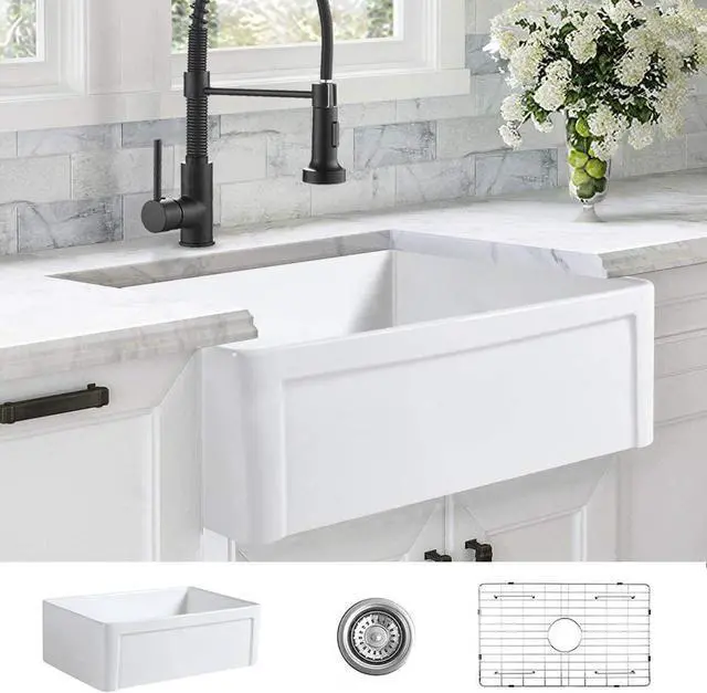 Alt view image 4 of 6 - 30 inch Fireclay Kitchen Sink Farmhouse Reversiable Single Bowl, ALWEN Apron White Single Bowl Sink with Stainless Steel Grid and Strainer