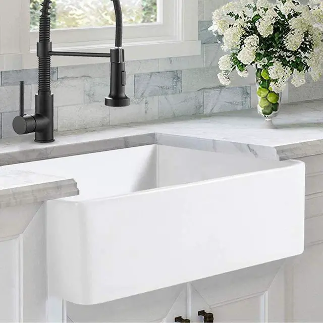 Alt view image 2 of 6 - 30 inch Fireclay Kitchen Sink Farmhouse Reversiable Single Bowl, ALWEN Apron White Single Bowl Sink with Stainless Steel Grid and Strainer