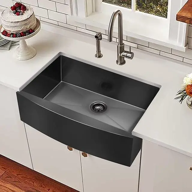 Main image of 33 x 21 x 10 inch Black Farmhouse Sink 16 Gauge Stainless Steel Kitchen Sinks Apron Front Sink Gunmetal Black Single Bowl Kitchen Sink Modern Luxury Farm Sink