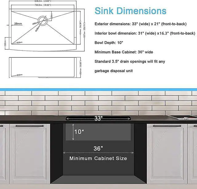Alt view image 6 of 7 - 33 x 21 x 10 inch Black Farmhouse Sink 16 Gauge Stainless Steel Kitchen Sinks Apron Front Sink Gunmetal Black Single Bowl Kitchen Sink Modern Luxury Farm Sink