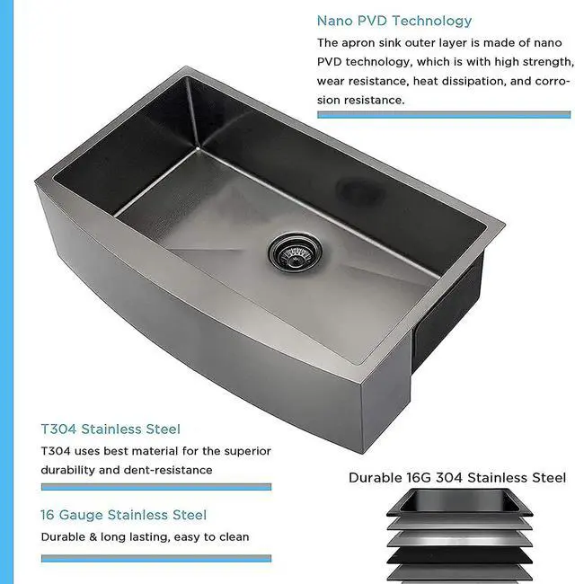 Alt view image 4 of 7 - 33 x 21 x 10 inch Black Farmhouse Sink 16 Gauge Stainless Steel Kitchen Sinks Apron Front Sink Gunmetal Black Single Bowl Kitchen Sink Modern Luxury Farm Sink