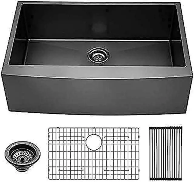 Alt view image 7 of 7 - 33 x 21 x 10 inch Black Farmhouse Sink 16 Gauge Stainless Steel Kitchen Sinks Apron Front Sink Gunmetal Black Single Bowl Kitchen Sink Modern Luxury Farm Sink