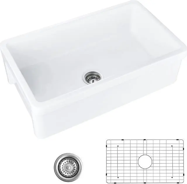 Alt view image 3 of 7 - 30 inch Fireclay Kitchen Sink Farmhouse Reversiable Single Bowl, Apron Farm White Single Bowl Sink with Stainless Steel Grid and Strainer