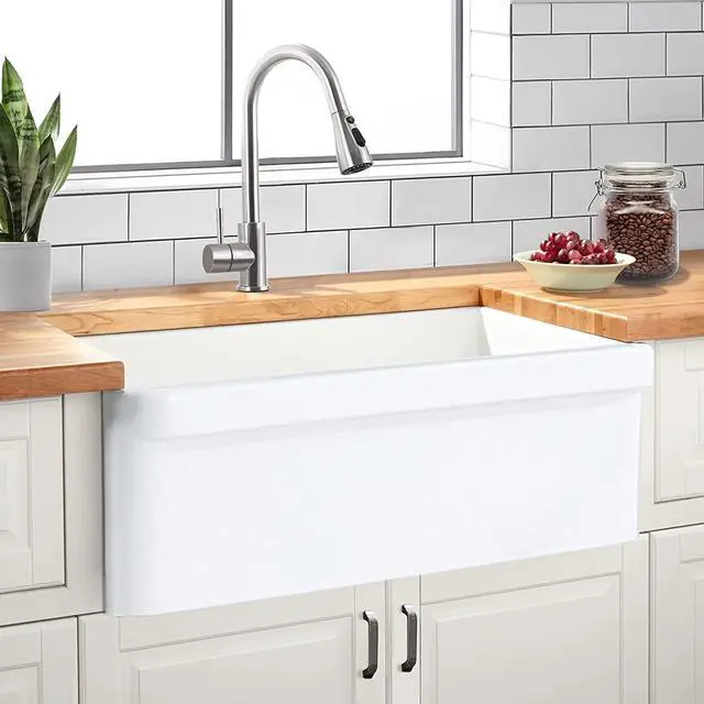 Main image of 30 inch Fireclay Kitchen Sink Farmhouse Reversiable Single Bowl, Apron Farm White Single Bowl Sink with Stainless Steel Grid and Strainer