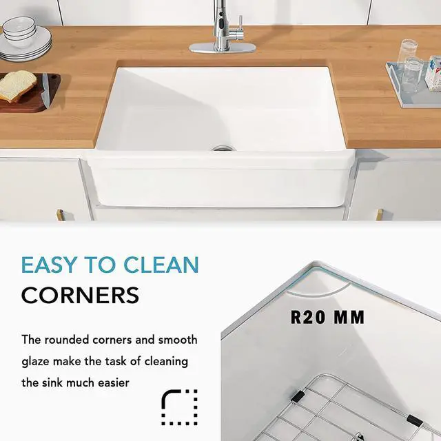 Alt view image 5 of 7 - 30 inch Fireclay Kitchen Sink Farmhouse Reversiable Single Bowl, Apron Farm White Single Bowl Sink with Stainless Steel Grid and Strainer