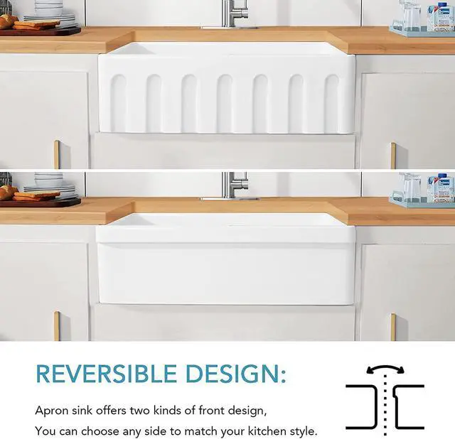 Alt view image 4 of 7 - 30 inch Fireclay Kitchen Sink Farmhouse Reversiable Single Bowl, Apron Farm White Single Bowl Sink with Stainless Steel Grid and Strainer