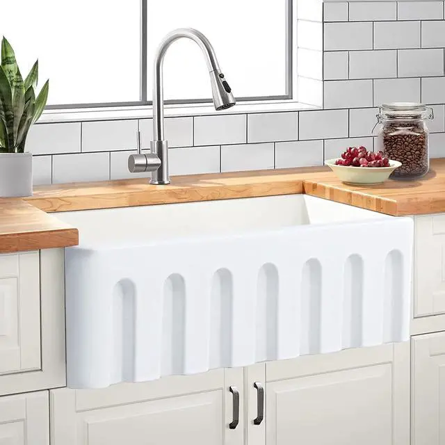 Alt view image 2 of 7 - 30 inch Fireclay Kitchen Sink Farmhouse Reversiable Single Bowl, Apron Farm White Single Bowl Sink with Stainless Steel Grid and Strainer