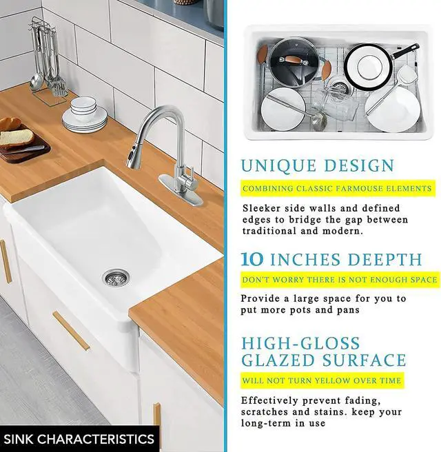 Alt view image 7 of 7 - 30 inch Fireclay Kitchen Sink Farmhouse Reversiable Single Bowl, Apron Farm White Single Bowl Sink with Stainless Steel Grid and Strainer
