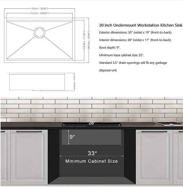 Alt view image 5 of 7 - 30X19 inch Workstation Ledge kitchen Sink Undermount Kitchen Sink 304 Stainless Steel Single Bowl