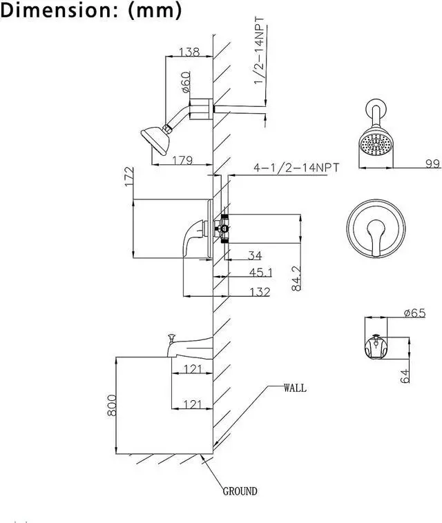 Alt view image 7 of 7 - Shower Faucets Sets Matte Black, Tub and Shower Trim Kit with Pressure Balance Valve, Single Handle Trim Kit with 4 Inch Shower Head, Tub Spout with Diverter