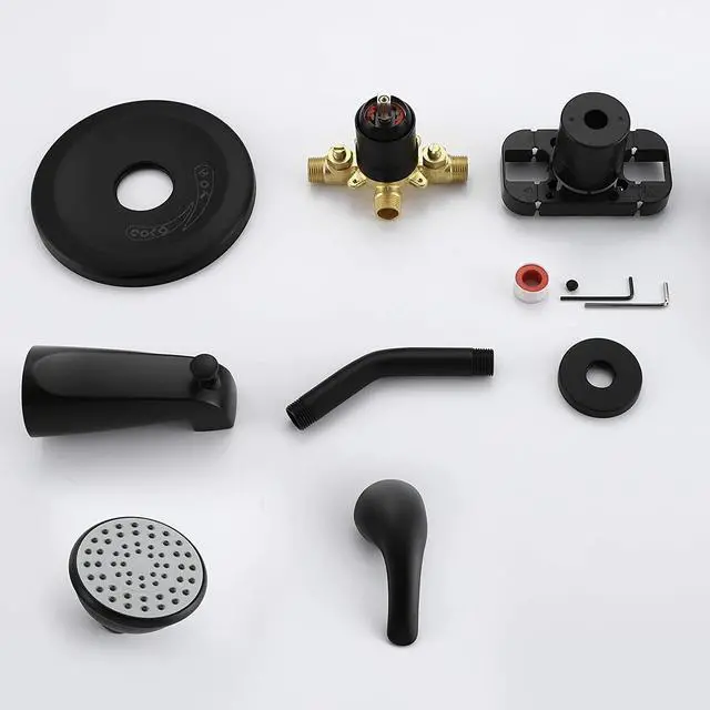 Alt view image 6 of 7 - Shower Faucets Sets Matte Black, Tub and Shower Trim Kit with Pressure Balance Valve, Single Handle Trim Kit with 4 Inch Shower Head, Tub Spout with Diverter