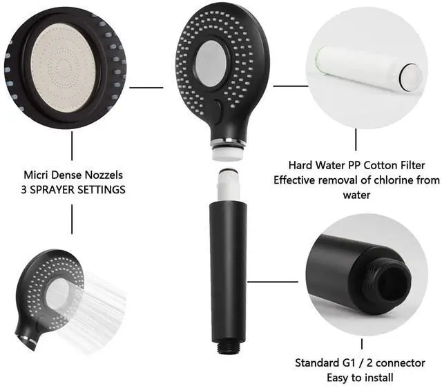 Alt view image 4 of 7 - High Pressure Handheld Shower Head, Powerful Shower Spray, Ionic Shower Head, Filtered Shower Head for Hard Water, Matte Black Hand Held Shower Head with 3 Spray Modes