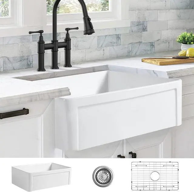 Alt view image 2 of 7 - 30 inch Fireclay Kitchen Sink Farmhouse Reversiable Single Bowl, Apron Farm White Single Bowl Sink with Stainless Steel Grid and Strainer