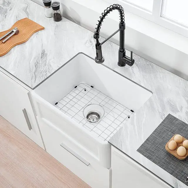 Main image of 24 Inch Ceramic Kitchen Sink White Reversible Sink Single Bowl Kitchen Sink With Bottom Grid And Basket Strainer