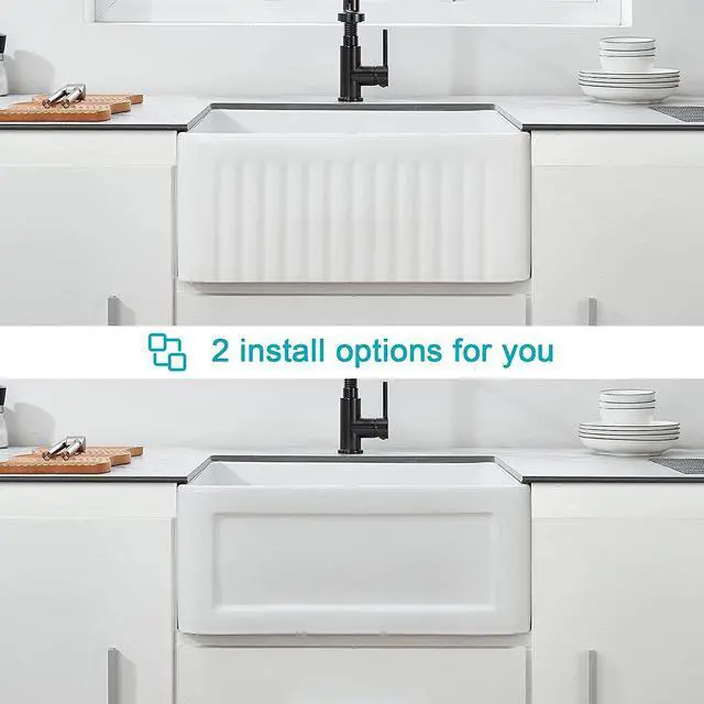 Alt view image 4 of 7 - 24 Inch Ceramic Kitchen Sink White Reversible Sink Single Bowl Kitchen Sink With Bottom Grid And Basket Strainer