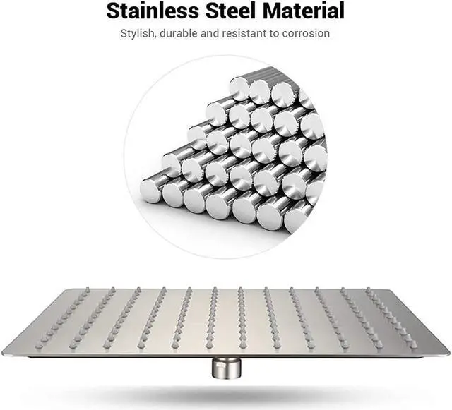 Alt view image 2 of 7 - 12 Inch Rain Shower Head Brushed Nickel with 16 Inch Extension Shower Arm, Square Ultra Thin 304 Stainless Steel Large Rainfall Shower Head, Waterfall Full Body Coverage Waterfall Shower Head