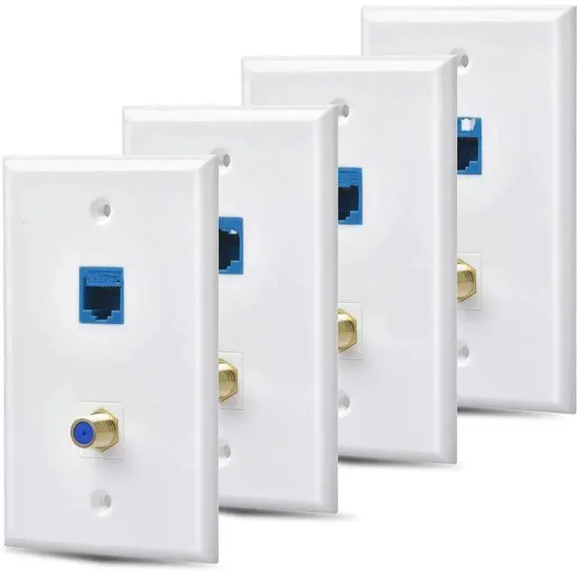 Main image of FOR 4 Packs Ethernet Coax Wall Plate Outlet with 1 Cat6 Keystone Port 1 Gold-Plated Coax F Type Port RJ45 Wall Plates