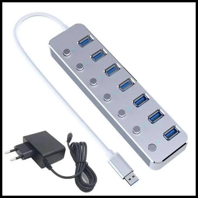 Main image of FOR USB 3.0 Power Adapter 7 Ports Aluminum Alloy Splitter Hub USB Hub 3.0 USB Multi Extender Switch 1.2M Cable Hub EU Plug A