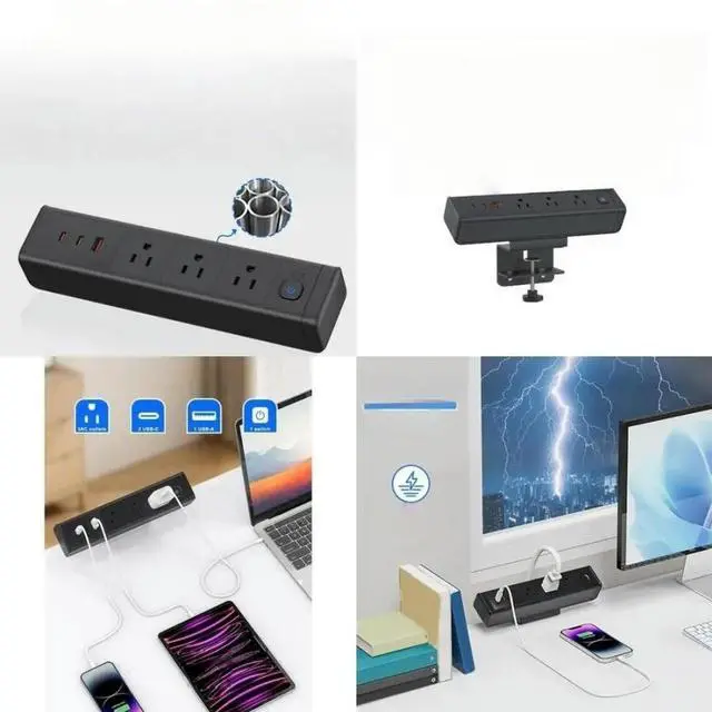 Main image of FOR MultiDevice Charging Hubs With 65W USB C Fast 3AC Outlets Clamp On Desk Mount proof Power Strips For Dorm Room