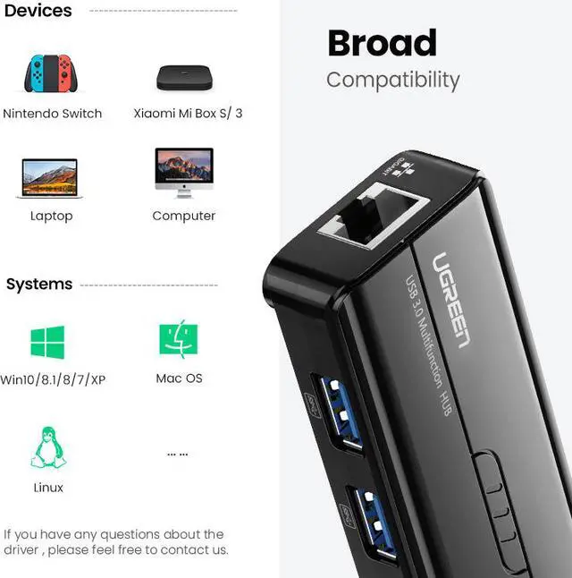 Alt view image 4 of 7 - Ugreen USB Ethernet Adapter Hub USB 3.0 to RJ45 Lan 10/100/1000M Network Card for Xiaomi Mi Box 3/S USB Lan For Macbook