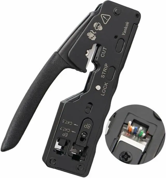 Main image of Yankok [The Ultimate Pass Thru Crimper] Crimps RJ45 Pass Through RJ12 RJ11 Regular Network Connector and Strip Cut CAT5/5e CAT6/6a CAT7 Unshielded and Shielded Ethernet Cable Black Handle