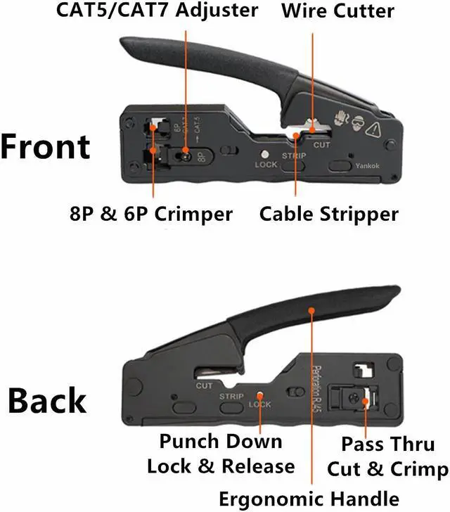 Alt view image 5 of 7 - Yankok [The Ultimate Pass Thru Crimper] Crimps RJ45 Pass Through RJ12 RJ11 Regular Network Connector and Strip Cut CAT5/5e CAT6/6a CAT7 Unshielded and Shielded Ethernet Cable Black Handle