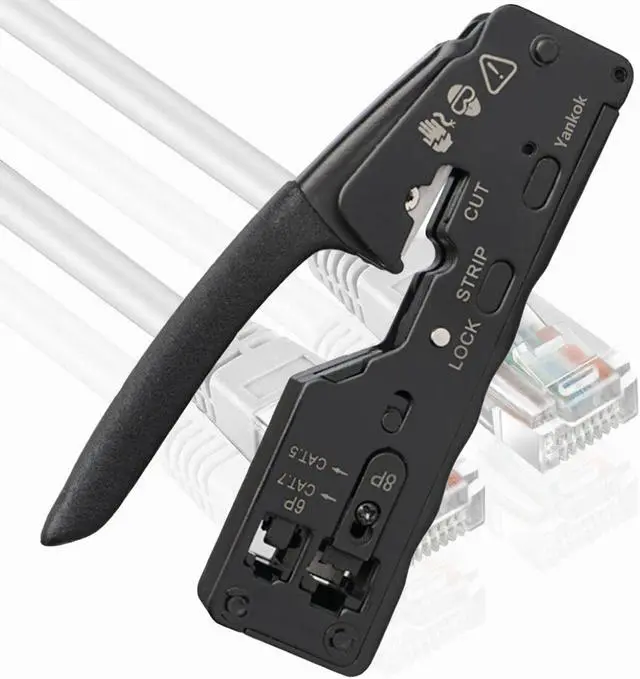 Alt view image 2 of 7 - Yankok [The Ultimate Pass Thru Crimper] Crimps RJ45 Pass Through RJ12 RJ11 Regular Network Connector and Strip Cut CAT5/5e CAT6/6a CAT7 Unshielded and Shielded Ethernet Cable Black Handle