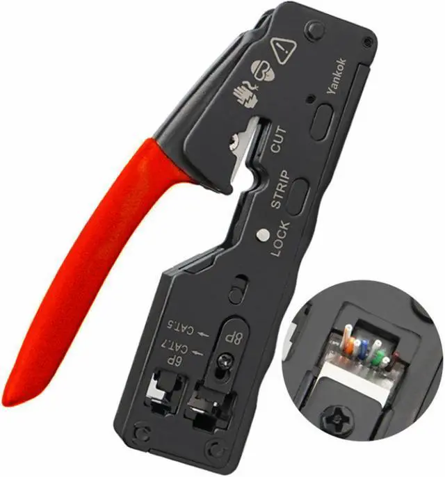 Main image of Yankok [The Ultimate Pass Thru Crimper] Crimps RJ45 Pass Through RJ12 RJ11 Regular Network Connector and Strip Cut CAT5/5e CAT6/6a CAT7 Unshielded and Shielded Ethernet Cable Red Handle