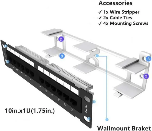 Alt view image 3 of 7 - Yankok [Cat5 Cat5e 12 Port Patch Panel] with Bracket Rack / Wall Mount 10in.x1U Unshielded Color-Coded T568A T568B Wiring (Come with Mini Punch Down Tool)