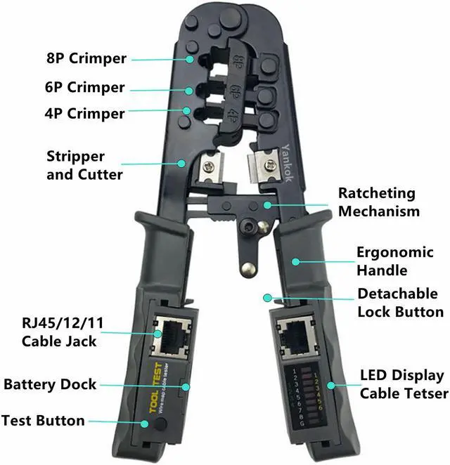 Alt view image 2 of 7 - Yankok [468ST Cable Tester Crimper] for 8P 6P 4P Network Connectors and CAT5 CAT6 Ethernet Cables RJ45 RJ12 RJ11 Crimp Strip Cut and Test All in One