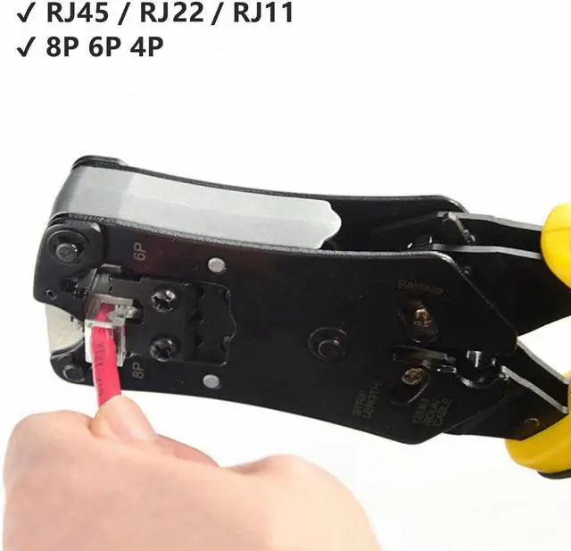 Alt view image 4 of 7 - Yankok [RJ45 RJ12 RJ11 Cable Tester Crimper] for 8P 6P 4P Network Connectors and CAT5 CAT6 Ethernet Cables Crimp Strip Cut and Test All in One HT376 Yellow Handle