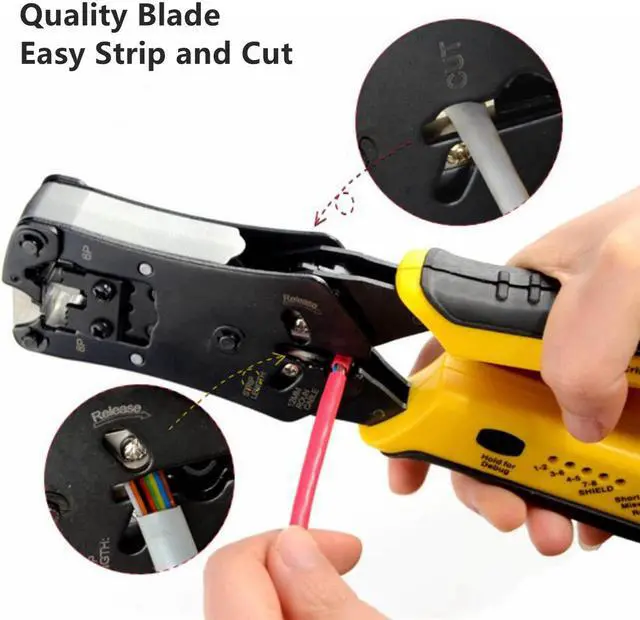 Alt view image 3 of 7 - Yankok [RJ45 RJ12 RJ11 Cable Tester Crimper] for 8P 6P 4P Network Connectors and CAT5 CAT6 Ethernet Cables Crimp Strip Cut and Test All in One HT376 Yellow Handle