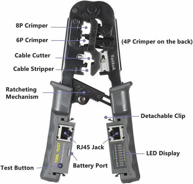 Alt view image 3 of 7 - Yankok [N5684CR Cable Tester Crimper] for RJ45 RJ12 RJ11 Network Connectors and CAT5 CAT6 Ethernet Cables 8P 6P 4P Crimp Strip Cut and Test All in One