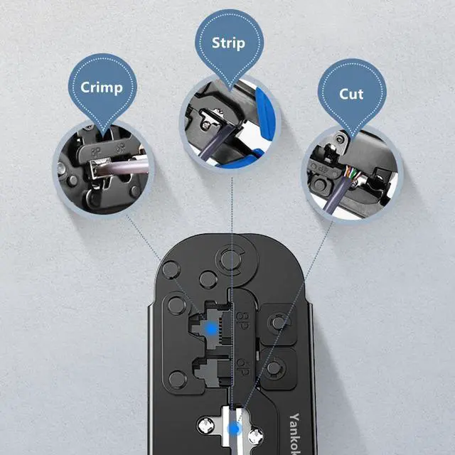 Alt view image 2 of 7 - Yankok [RJ45 RJ12 RJ11 Modular Crimper] for CAT5/5e CAT6 Network Connectors 8P/6P/4P and UTP/STP Ethernet Cables Strip Cut and Crimp Tool N5684R Black Handle (Ratcheting Mechanism. Easy to Storage)