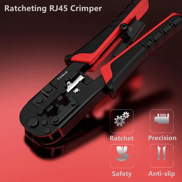 Alt view image 2 of 7 - Yankok [RJ45 RJ12 RJ11 Modular Crimper] for CAT5/5e CAT6 Network Connectors 8P/6P/4P and UTP/STP Ethernet Cables Strip Cut and Crimp Tool N5684R Red Handle (Ratcheting Mechanism. Easy to Storage)
