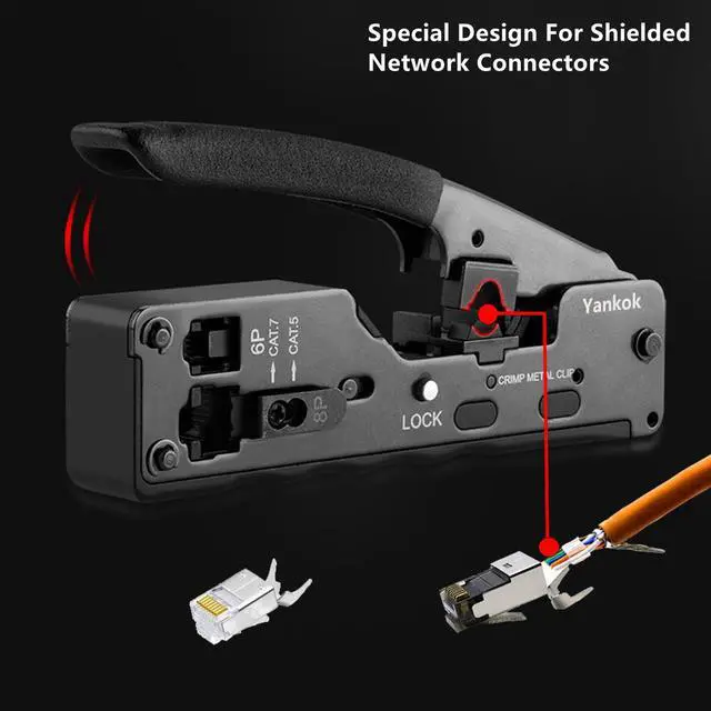 Alt view image 5 of 7 - Yankok [CAT5/5e CAT6/6a CAT7 Modular Crimper] Crimps Shielded and Unshielded RJ45 (8P8C) RJ12 (6P6C) RJ11 (6P4C) Network Connectors Ethernet Data and Telephone Jacks Matte Black
