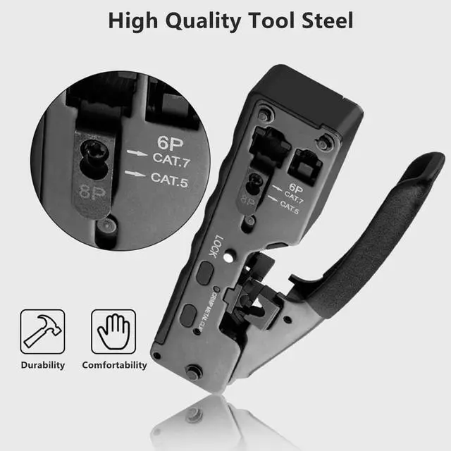 Alt view image 7 of 7 - Yankok [CAT5/5e CAT6/6a CAT7 Modular Crimper] Crimps Shielded and Unshielded RJ45 (8P8C) RJ12 (6P6C) RJ11 (6P4C) Network Connectors Ethernet Data and Telephone Jacks Matte Black