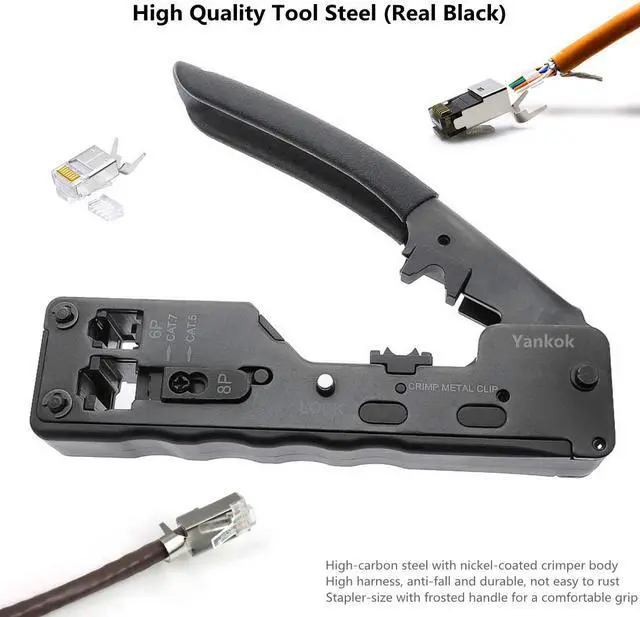 Alt view image 2 of 7 - Yankok [CAT5/5e CAT6/6a CAT7 Modular Crimper] Crimps Shielded and Unshielded RJ45 (8P8C) RJ12 (6P6C) RJ11 (6P4C) Network Connectors Ethernet Data and Telephone Jacks Matte Black