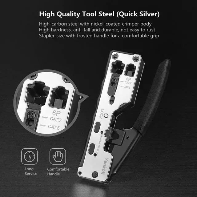 Alt view image 7 of 7 - Yankok [CAT5/5e CAT6/6a CAT7 Modular Crimper] Crimps Shielded and Unshielded RJ45 (8P8C) RJ12 (6P6C) RJ11 (6P4C) Network Connectors Ethernet Data and Telephone Jacks Quick Silver