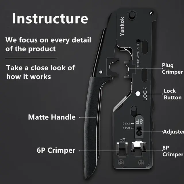 Alt view image 3 of 7 - Yankok [CAT5/5e CAT6/6a CAT7 Modular Crimper] Crimps Shielded and Unshielded RJ45 (8P8C) RJ12 (6P6C) RJ11 (6P4C) Network Connectors Ethernet Data and Telephone Jacks Black Handle