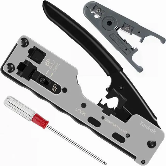 Main image of Yankok [CAT5 CAT6 CAT7 Modular Crimper] for Shielded and Unshielded RJ45 RJ12 RJ11 Network Connectors Ethernet Crimp Tool Silver (Come with Screwdriver and Cable Stripper)