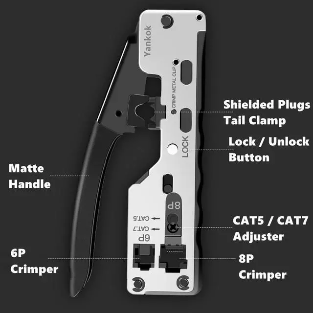 Alt view image 2 of 7 - Yankok [CAT5 CAT6 CAT7 Modular Crimper] for Shielded and Unshielded RJ45 RJ12 RJ11 Network Connectors Ethernet Crimp Tool Silver (Come with Mini Cable Stripper)