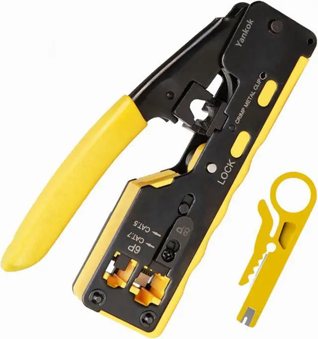 Main image of Yankok [CAT6a CAT7 Pass Through Crimper] for RJ45 Pass-Thru RJ12 RJ11 Regular and CAT5/5e CAT6 Unshielded Network Connectors Crimp and Cut (HT7088 Yellow. Come with Cable Stripper Cutter)