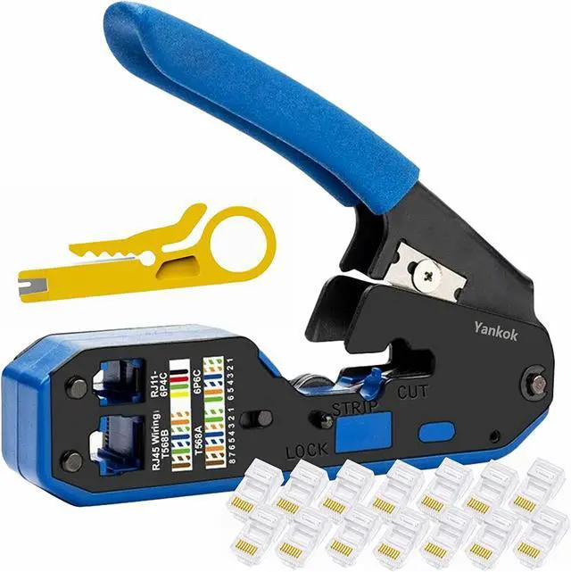 Main image of Yankok [RJ45 RJ12 RJ11 Modular Crimper] for CAT5/5e CAT6 Network Connectors CAT6a CAT7 Shielded Plugs Strip Cut Crimp Tool Blue Handle (Come with 15x Network Connectors)