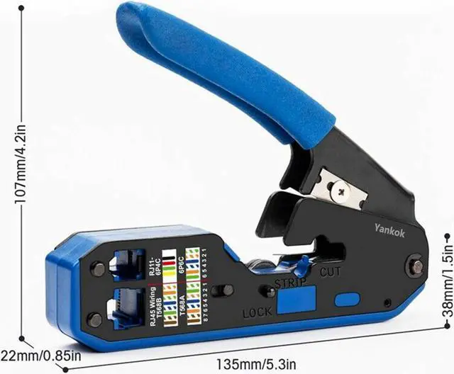 Alt view image 3 of 7 - Yankok [RJ45 RJ12 RJ11 Modular Crimper] for CAT5/5e CAT6 Network Connectors CAT6a CAT7 Shielded Plugs Strip Cut Crimp Tool Blue Handle (Come with 15x Network Connectors)