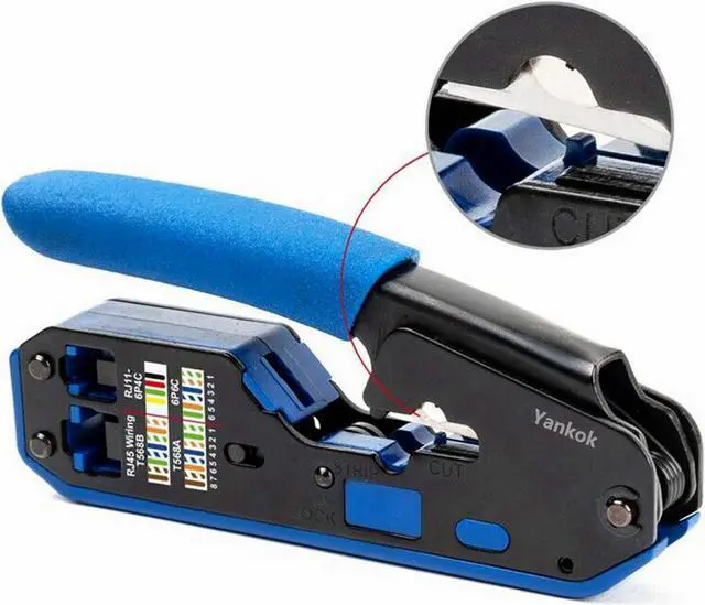 Alt view image 2 of 7 - Yankok [RJ45 RJ12 RJ11 Modular Crimper] for CAT5/5e CAT6 Network Connectors CAT6a CAT7 Shielded Plugs Strip Cut Crimp Tool Blue Handle (Come with 15x Network Connectors)