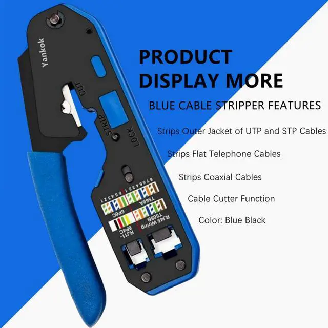Alt view image 4 of 7 - Yankok [RJ45 RJ12 RJ11 Modular Crimper] for CAT5/5e CAT6 Network Connectors CAT6a CAT7 Shielded Plugs Strip Cut Crimp Tool Blue Handle (Come with 5x Network Connectors)
